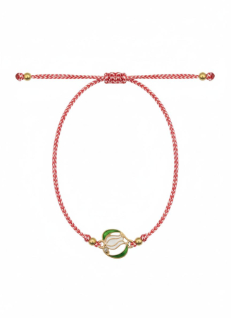 Set 12 bratari martisor lalea alba cu frunze si stras, snur alb rosu, 20x11cm [1]