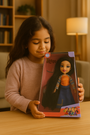 Papusa Brato Fashion cu par negru foarte lung, tinuta casual si accesorii, 29.5x22.5 cm, jucarie fete 3+ ani [1]