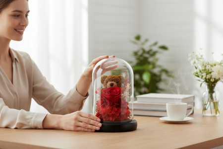 Trandafir Criogenat Rosu in Cupola Sticla 19x11 cm cu Baza Lemn Cadou Premium [3]