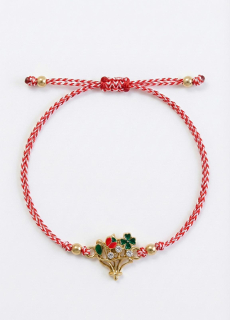 Set 12 Bratari Martisor cu Cosulet Auriu, Floare, Trifoi si Buburuza, Snur Rosu, 20x11 cm [1]