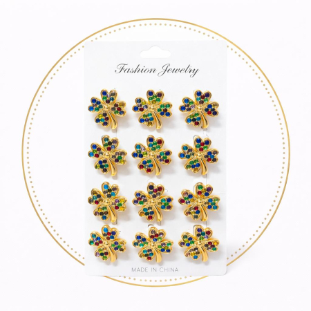 Set 12 brose martisor trifoi auriu cu strasuri colorate 15x9cm [1]