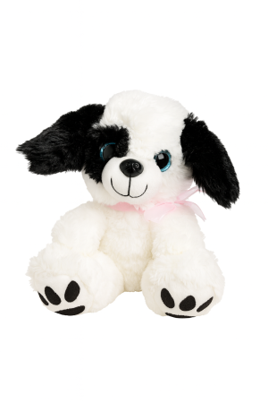 Catelus Plus Alb-Negru 25 cm – Jucarie Pufosa cu Fundita Roz [1]