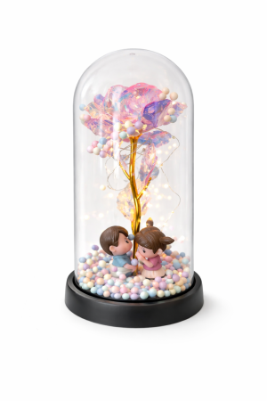 Cupole cu flori din plastic - Cupola plastic cu trandafir irizat LED si 2 indragostiti, 20 cm, cutie cadou