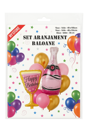 Set aranjament baloane Happy Birthday, sticla sampanie si pahar, 8 piese [1]