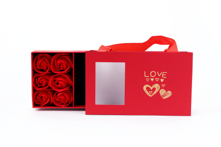 Set cadou cu 6 trandafiri de sapun rosii, cutie tip poseta cu fereastra, 15x9.5x5 cm [3]