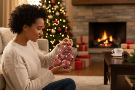 Set 6 globuri rosii lucioase cu braduti – ornamente brad Craciun, 23x15.5x7.5cm [1]