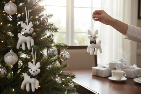 Set 3 decoratiuni ren alb cu papion negru buline, Craciun, 18x11cm [1]