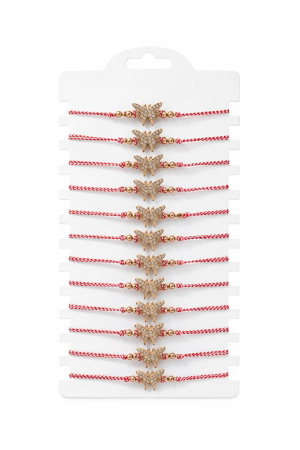 Martisoare - Set 12 Bratari Martisor Fluturas Auriu cu Strasuri, Snur Reglabil, 20x11 cm