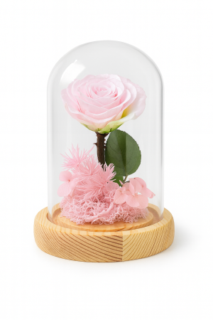 Cupola sticla cu trandafir criogenat roz, baza lemn, aranjament elegant 12.5x9 cm [1]