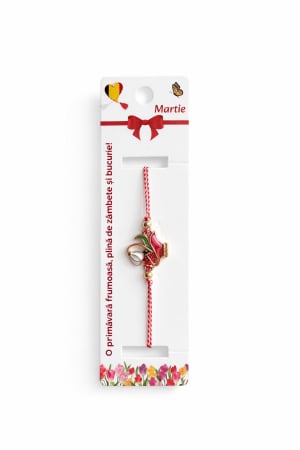Bratara Martisor - Set 12 bratari martisor cu vaza rosie, ghiocel si buburuza, snur reglabil rosu-alb