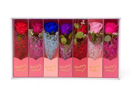 Aranjamente florale - Set 7 trandafiri decorativi cu LED, în cutie Best Wishes, 26x7 cm, cadou elegant