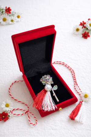 Brose ambalate elegant - Brosa martisor trandafir argintiu cu strasuri si perla in cutie catifea premium 8.5cm