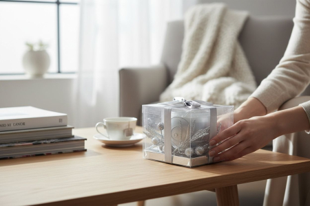 Decoratiune Craciun cu lumare argintie cadou – model elegant ambalat cu funda, [3]