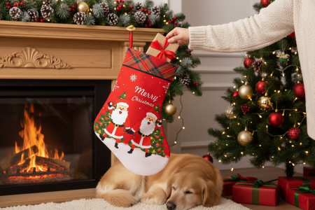 Ciorap Craciun Rosu cu Model Mos Craciun si Brad Decorativ, 45 cm [1]