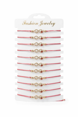 Martisoare - Set 12 bratari martisor infinit auriu cu strasuri si buburuza, snur alb rosu, 20x11cm