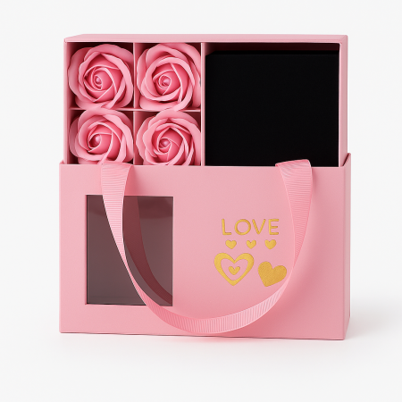 Set cadou cu 6 trandafiri de sapun roz, cutie roz tip poseta cu fereastra, 15x9.5x5 cm [2]