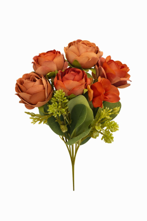 Flori Artificiale - Buchet artificial maro cald cu trandafiri si camelie pe fir gros 30 cm