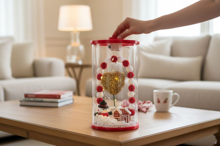 Decoratiune Craciun sub cupola transparenta cu om de zapada, casuta, inima aurie si lumini LED – model decorativ cu zapada artificiala, 17.5x11.5x11.5cm [1]