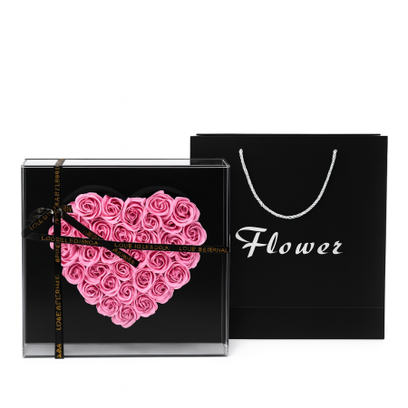 Cutie 33 Trandafiri din Sapun Roz in Forma de Inima 29x29 cm Cadou Premium [2]