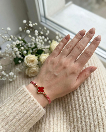 Set 12 Bratari Martisor Trifoi Rosu Auriu, Snur Alb-Rosu Reglabil, 20x11 cm [2]