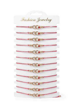 Martisoare - Set 12 bratari martisor cerculete aurii cu strasuri si fluturi, snur alb rosu, 20x11cm