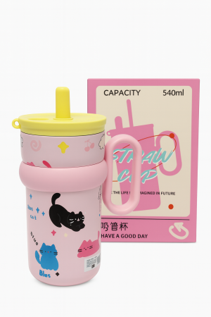 Jucarii Diverse - Cana Cu Pai 540ml pentru Copii cu Maner si Design Pisicute