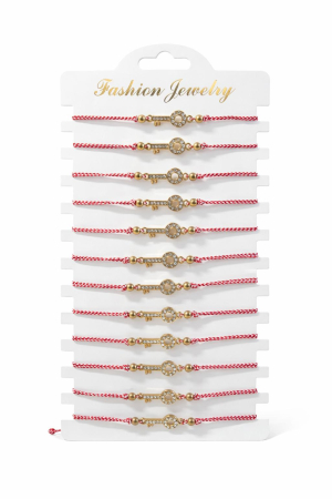 Martisoare - Set 12 Bratari Martisor Cheie Aurie cu Strasuri, Snur Reglabil, 20x11 cm