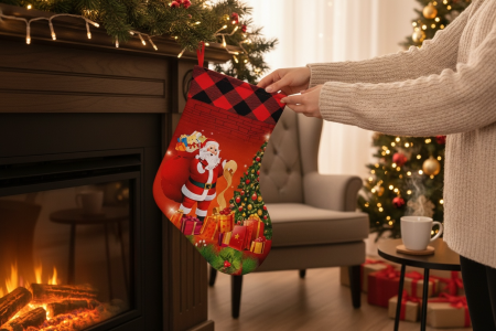 Ciorap Craciun Rosu cu Mos Craciun, Cadouri si Brad – Decor Sarbatori [1]