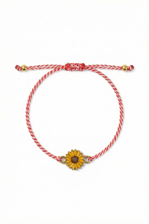 Set 12 Bratari Martisor cu Floarea Soarelui Aurie, Snur Rosu Reglabil, 20x11 cm [1]