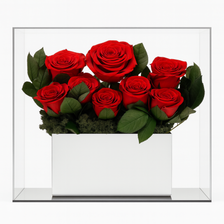 Idei de Cadouri Engros - Cutie Oglinda cu 9 Trandafiri Criogenati Rosii 30x30x11 cm cu Punga Cadou