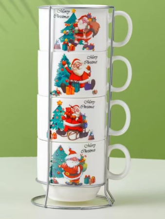 Set 4 cani ceramice Craciun cu suport metalic vertical – Merry Christmas, 200 ml [1]