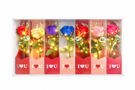 Aranjamente florale si cadouri - Set 7 flori artificiale cu LED si baterii incluse, ambalaj cadou I Love U, 26 x 7 cm