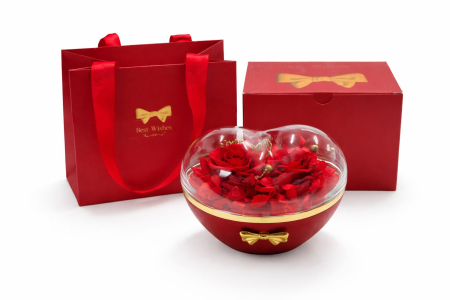 Aranjamente florale si cadouri - Caseta cadou forma inimioara cu sertar, trandafiri criogenati si flori naturale, set complet