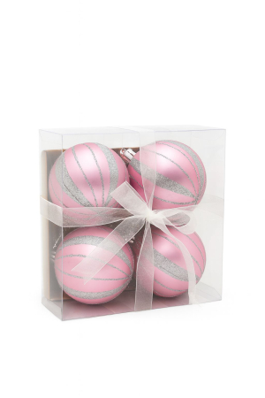 Globuri Engros - Set 4 globuri roz cu sclipici argintiu – ornamente brad Craciun, 16x16x7cm