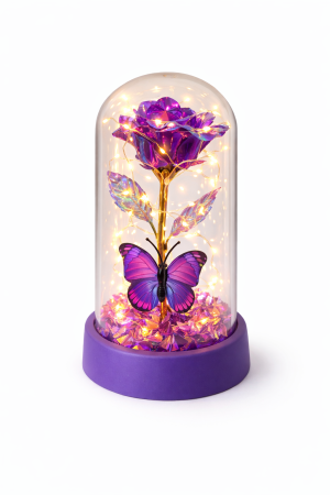 Cupole cu flori din plastic - Cupola cu trandafir Royal Purple, fluture decorativ, LED, 15 x 9 cm