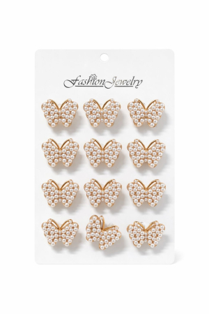 Martisoare - Set 12 brose martisor fluturas auriu cu perlute albe, simbol eleganta si renastere 15x9cm