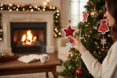 Set 12 decoratiuni lemn Craciun rosii cu sclipici 25 cm modele combinate [2]