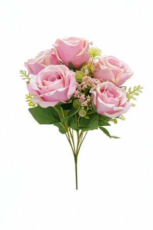 Flori Artificiale - Buchet 5 trandafiri artificiali roz pal in nuante crem cu frunze decorative 30cm