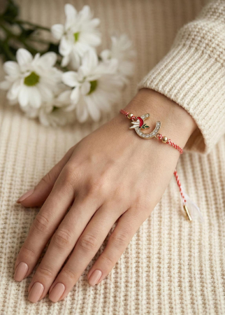 Set 12 bratari martisor cu potcoava stilizata si porumbel, snur rosu alb, ambalate individual [2]