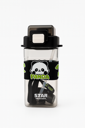 Jucarii Diverse - Sticla Panda Star 650ml – Model Premium cu Bretea, Pai si Capac Flip Black Edition