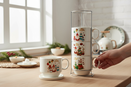 Set 4 Cani Ceramice cu Suport – Model Christmas Gnomes, Design Festiv [2]