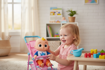 Set Jucarie CoComelon – Papusa JJ cu Olita si Carucior Pliabil, 38x23 cm, 3+ [1]