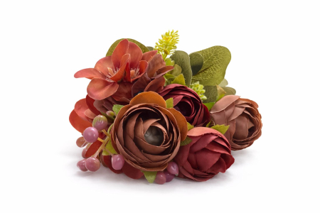 Buchet artificial maro cald cu trandafiri si camelie pe fir gros 30 cm [1]