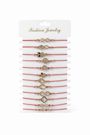 Martisoare - Set 12 Bratari Martisor cu Simboluri Protectie Aurii, Snur Rosu Reglabil, 20x11 cm