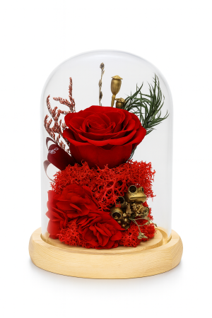 Idei de Cadouri Engros - Trandafir Criogenat Rosu in Cupola Sticla cu Baza Lemn 17x12 cm, Durata 10 Ani