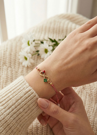 Set 12 bratari martisor cu simbol infinit, trifoi si buburuza, snur rosu alb [2]