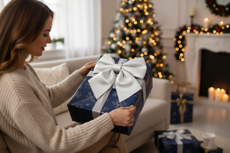 Fundita decor alba Craciun, mare, material textil, ornament pentru brad si decoratiuni, 24x20cm [2]