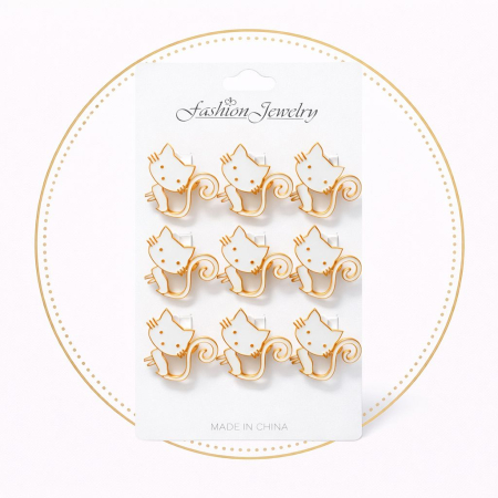 Set 12 brose martisor pisica alba cu contur auriu 15x9cm [1]