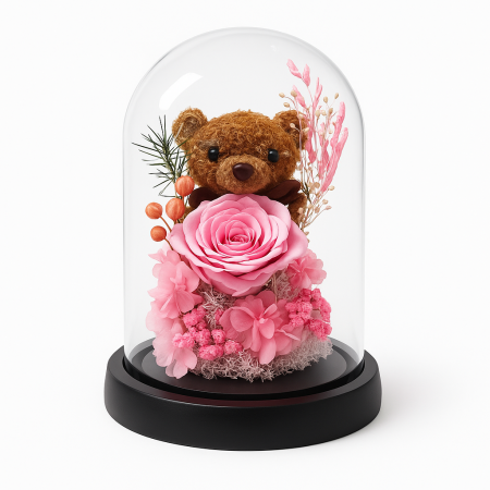 Idei de Cadouri Engros - Cupola cu Trandafir Criogenat Roz si Ursiulet Decorativ 19x11 cm Cadou Premium