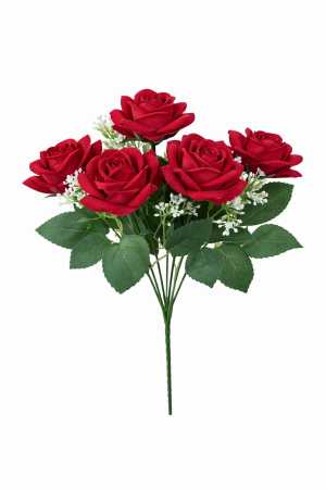 Flori Artificiale - Buchet artificial deosebit cu 7 trandafiri catifelati rosu intens 30 cm